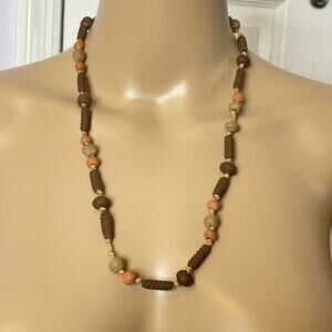 Vintage necklace ceramic pottery earth tone beads knots 23"